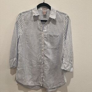 Chicos Women’s Striped Linen Button Up Blue White Shirt 3/4 Sleeve Work Preppy